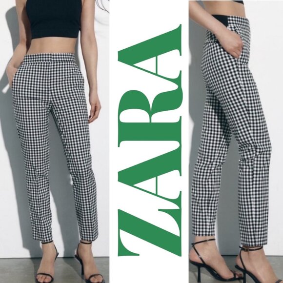 ZARA GINGHAM HIGH RISE MONOCHROME SLIM STRAIGHT ANKLE DRESS PANTS Y2K, MEDIUM - Picture 1 of 14
